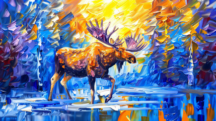 Horizontal oil painting of a Moose