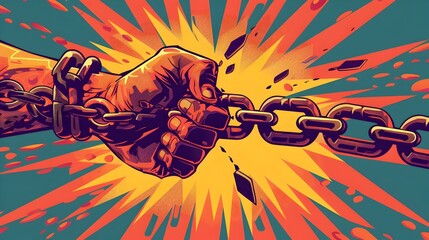 Fototapeta premium Powerful Fist Breaking Chains with Bold Sunburst
