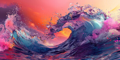 Discount Tsunami: Abstract wave-like formation of discounts and promotions crashing into a vibrant splash.