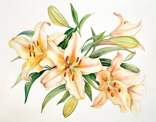 Obraz premium Watercolor Luxurious open lilies with buds and half-opened flowers and several leaves
