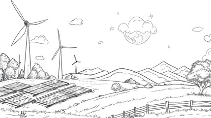 Obraz premium Doodle Line Art of Wind Farm and Solar Panels in Serene Natural Landscape