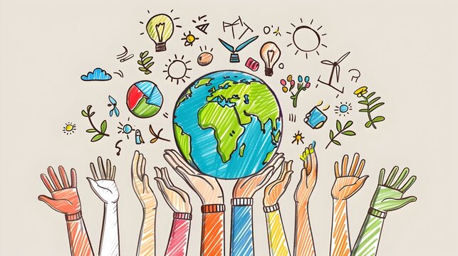 Diverse Hands Holding Earth Surrounded by Renewable Energy and Sustainability Symbols