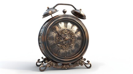 Vintage Metallic Alarm Clock with Intricate Details on White Background
