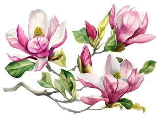 Watercolor Luxurious open magnolia flowers with buds and half-opened flowers and several leaves