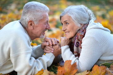 Loving mature couple in the park in summer