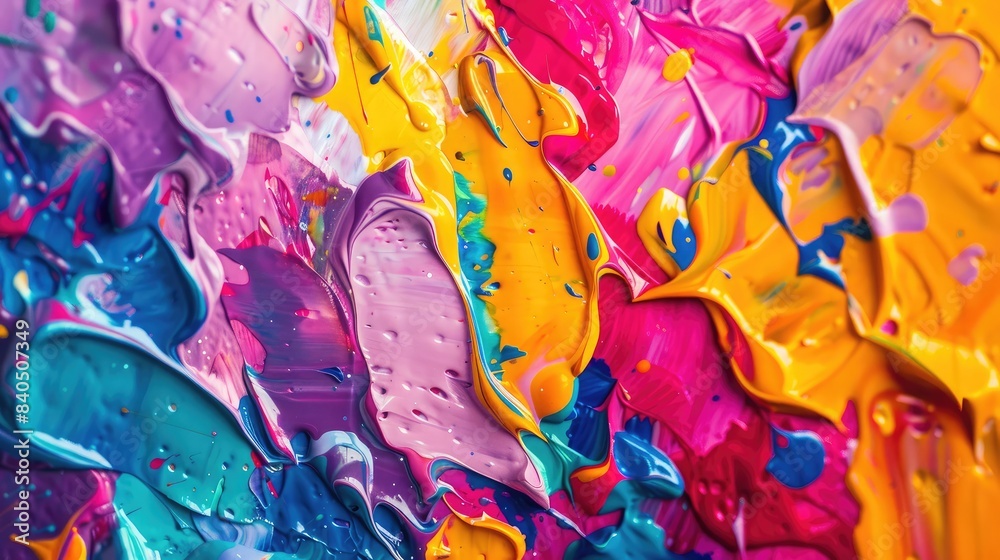 Poster close-up of a colorful abstract painting with vibrant splashes of paint in various hues, creating a 