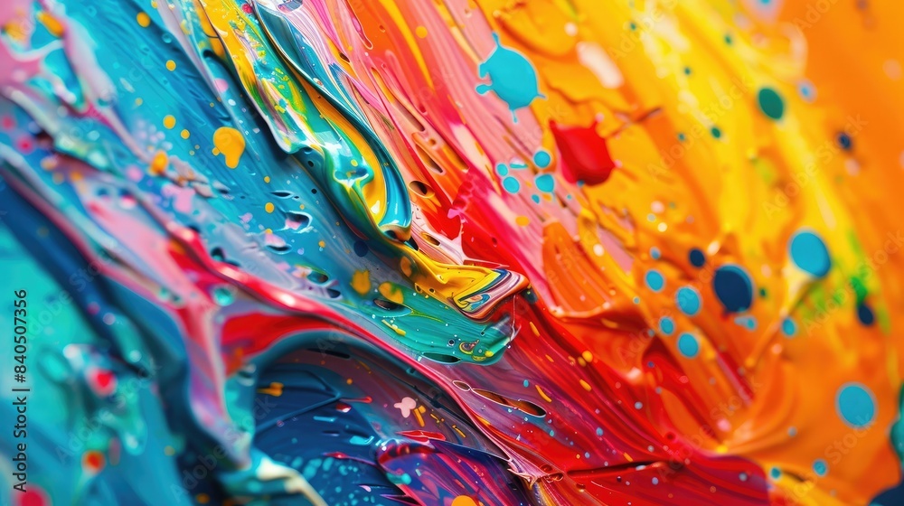 Poster close-up of a colorful abstract painting with vibrant splashes of paint in various hues, creating a 