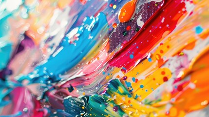 Close-up of a colorful abstract painting with vibrant splashes of paint in various hues, creating a dynamic background