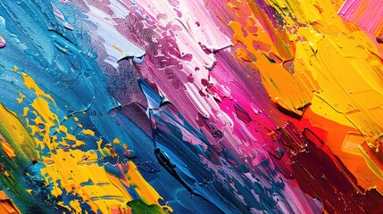 Close-up of a colorful abstract painting with vibrant splashes of paint in various hues, creating a...