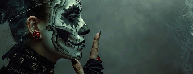 Fototapeta premium Woman in profile with elaborate skull face paint, silent shh hand signal, dark and moody backdrop, digital illustration, perfect for Halloween imagery
