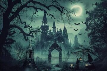 Haunted castle under a full moon with eerie trees, bats, and foggy atmosphere creating a spooky Halloween scene.