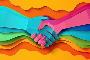 Colorful vector paper cut design featuring a handshake, with no more than five vibrant colors, perfect for Friendship Day