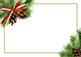 Christmas frame with  corner decorations with green holiday twigs, cones and bow isolated on white or transparent background