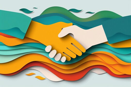 Modern vector paper cut design of a handshake, with a five-color palette, celebrating Friendship Day