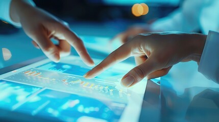 Close-up of hands pointing at a digital graph on a tablet, showcasing data analysis in a collaborative environment