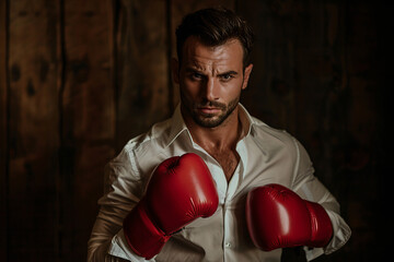 handsome man in boxing gloves over dark background