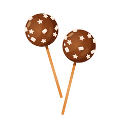 Yummy chooclate lollipops on stick decorated tiny marshmellows and chocolate stars from white chocolate isolated on white background.
