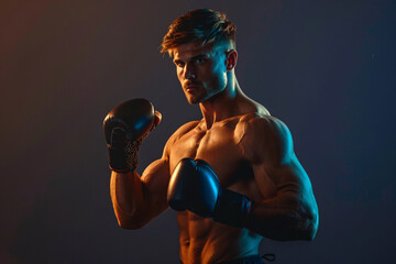 handsome muscular man in red boxing gloves over dark background