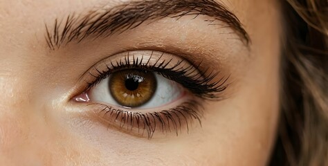 Fototapeta premium Extreme close-up woman's very beautiful female fascinating eyes looking at the camera, dark-colored brown eyes, gorgeous eye makeup look