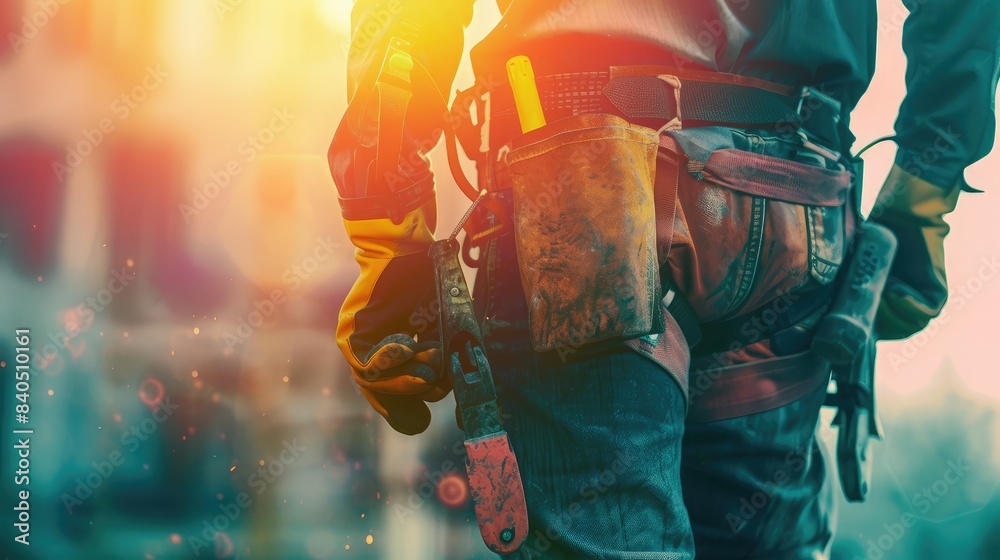 Wall mural construction worker overlaid with construction equipment and tools, representing the hands-on aspect