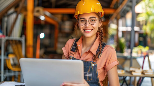 young female construction worker using digital tablet standing outdoors. Engineer in hardhat examining blueprint, planning development with expertise and happiness. industry and technology.