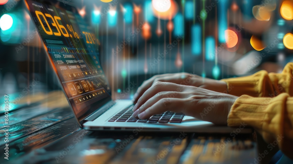 Poster digital graph on a laptop with hands typing, highlighting the process of analyzing and interpreting 