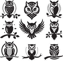 set of owls  silhouettes  vector illustration  