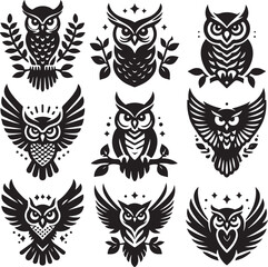 black and white owl set