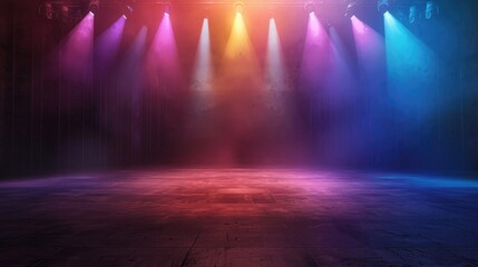 Dramatic scene of an empty concert stage with colorful spotlights creating an atmospheric setting