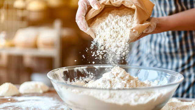 Bakery chef's hands pour the flour from the brown flour paper bag into a large, clear mixing bowl