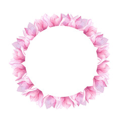 Watercolor floral wreath with magnolia flower Pink circle frame for poster postcard template Women's day 2025 Mother day design decoration logo certificate wrapping Botanical border Banner