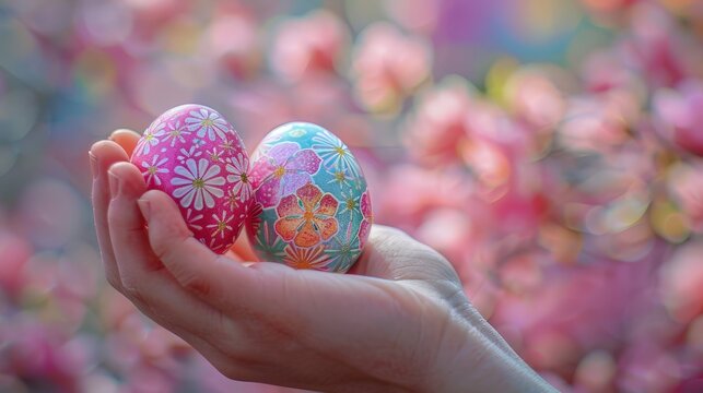 Celebratory Easter Eggs, Colorful Design, Hand Holding Two Decorated Eggs, Flower Field Background