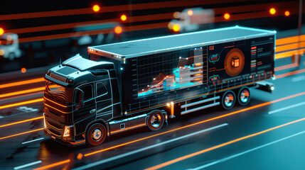 Truck with a glowing bar chart. Concept of fast delivery and efficient logistic system. Commercial vehicle in motion on the road, transporting cargo for speedy shipping.