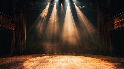 Empty theater stage with a single bright spotlight creating dramatic shadows and highlighting the performance area