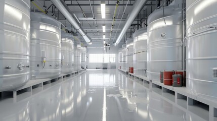 Obraz premium Chemical Barrels. Warehouse of chemical products. Chemistry industry warehouse. Oil storage room in petrochemical facility.