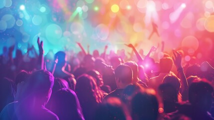 Energetic crowd jumping to the music, with vibrant, blurred stage lights adding to the excitement