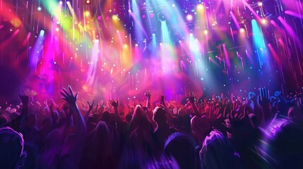 Energetic crowd jumping to the music, with vibrant, blurred stage lights adding to the excitement