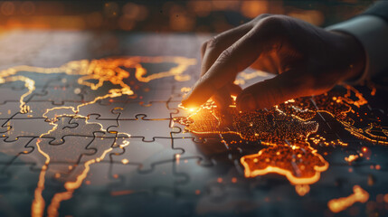 Businessman connecting jigsaw puzzle with global map, business connection and international network concept.