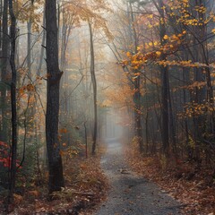 Fototapeta premium Autumn Woodland Path in Fog: Peaceful Hiking Trail