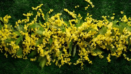 Obraz premium Beautiful floral composition with mimosa flowers on green background flat lay