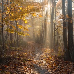 Peaceful Autumn Path in the Woods with Sunlight Streaming Through