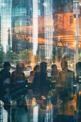 Double exposure image of many business people conference group meeting on city office building in background showing partnership success of business deal. Concept of teamwork