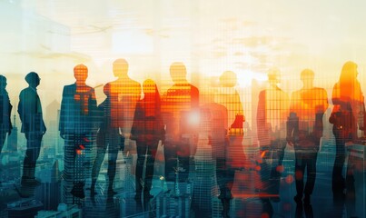 Double exposure image of many business people conference group meeting on city office building in background showing partnership success of business deal. Concept of teamwork