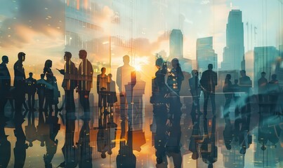 Double exposure image of many business people conference group meeting on city office building in background showing partnership success of business deal. Concept of teamwork