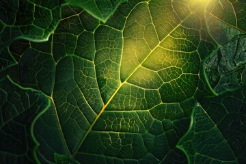 Sunlight dances on intricate textures of green leaves