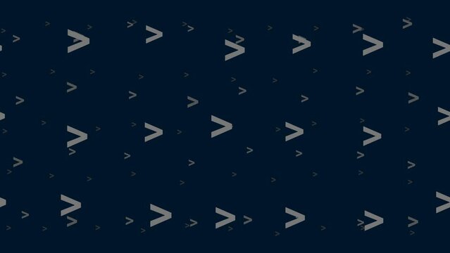 Greater symbols float horizontally from left to right. Parallax fly effect. Floating symbols are located randomly. Seamless looped 4k animation on dark blue background