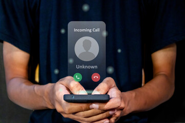 Man answering an incoming call from unknown number. Spammer incoming call concept.