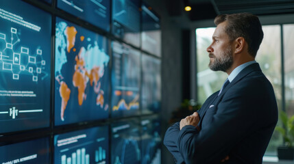 Fototapeta premium Portrait of confident businessman standing in office, looking at monitor. Modern manager success in the corporate world.