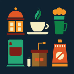 Small business facades flat set with bakery, coffee shops isolated vector illustration, coffee brewing methods and tools cliparts. Set of coffee machine, hario, utensils, french press, moka, cup