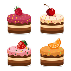 A set of mini cakes. Sweet dessert with chocolate sponge Layered fruit cake. Vector illustration isolated on white background	